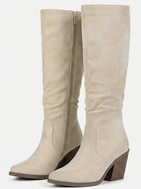Women's Beige Faux Suede Boots Stacked Chunky Heel Boots Side Zipper Tall Boots